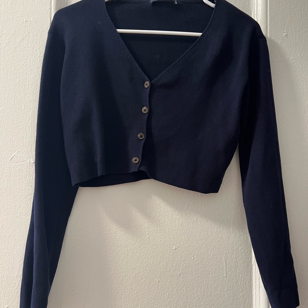 Brandy Melville Navy Cropped V-Neck Button Cardigan